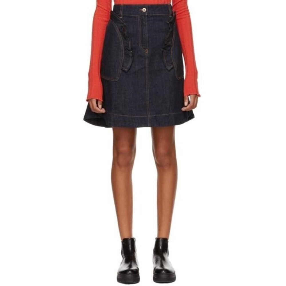NWT Carven Dark Wash Denim A-Line Mini Skirt Utility Ruffle Pockets EU 38 US 6